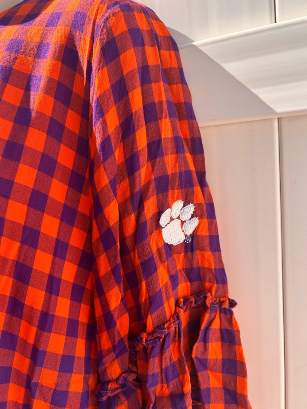 Clemson Orange & Purple Plaid Half Sleeve Top Paw Embroidery by Emerson Street L